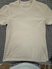 Bylt split hem shirt. Bone with navy polka dots. Large