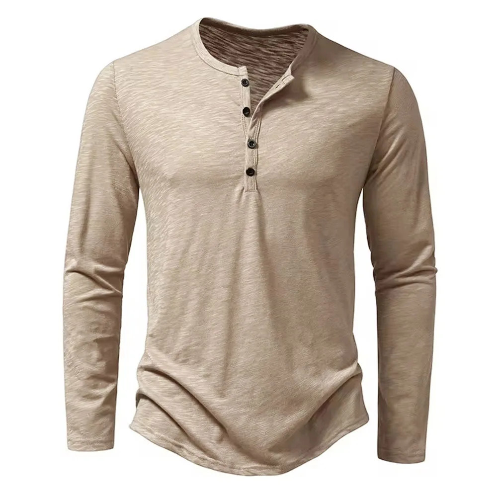 Autumn New Men's Cotton Button Long Sleeve Henley Neck T-Shirt Casual Solid gallery