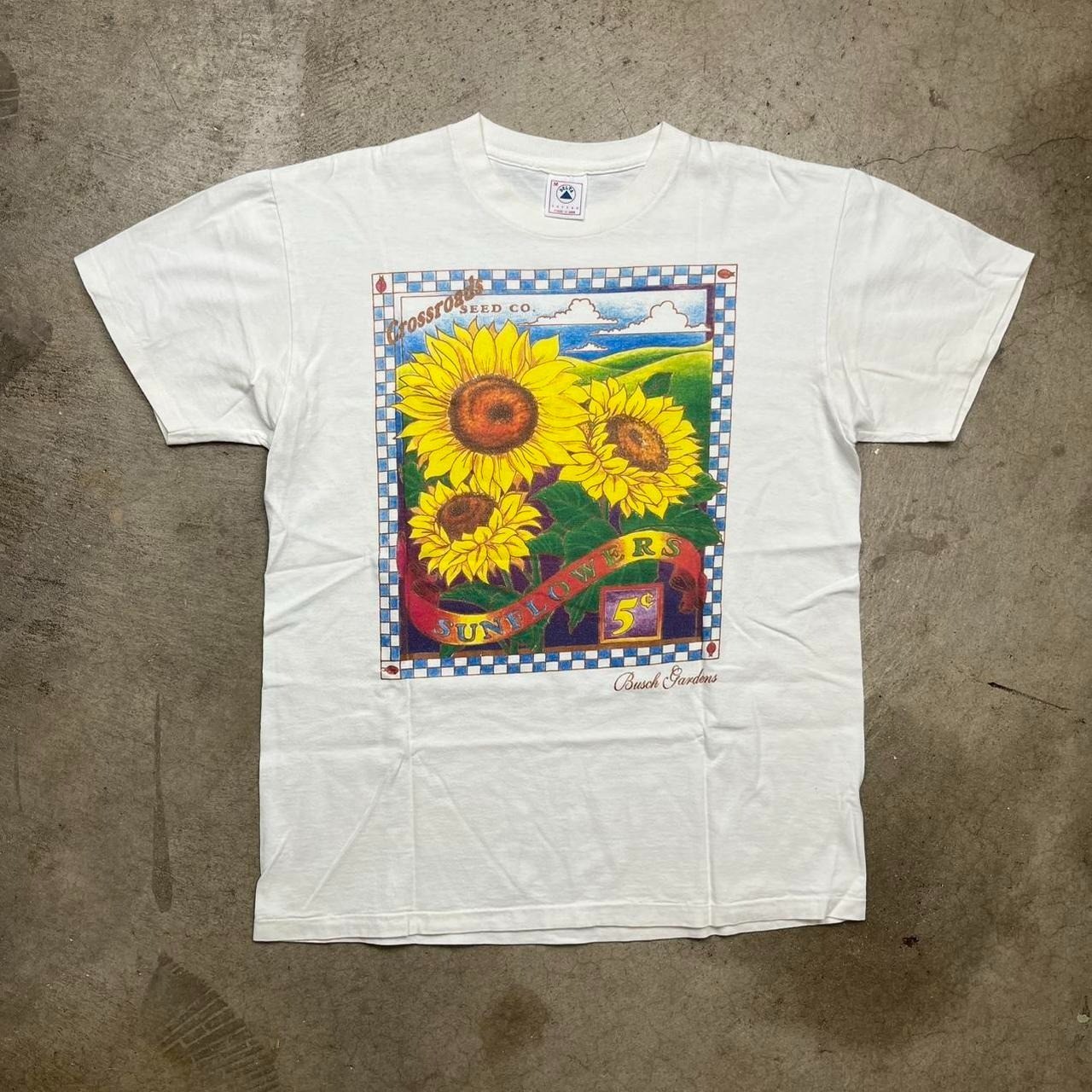 Vintage 90s Busch Gardens Sunflower T-Shirt White Medium Made in USA Nature Art