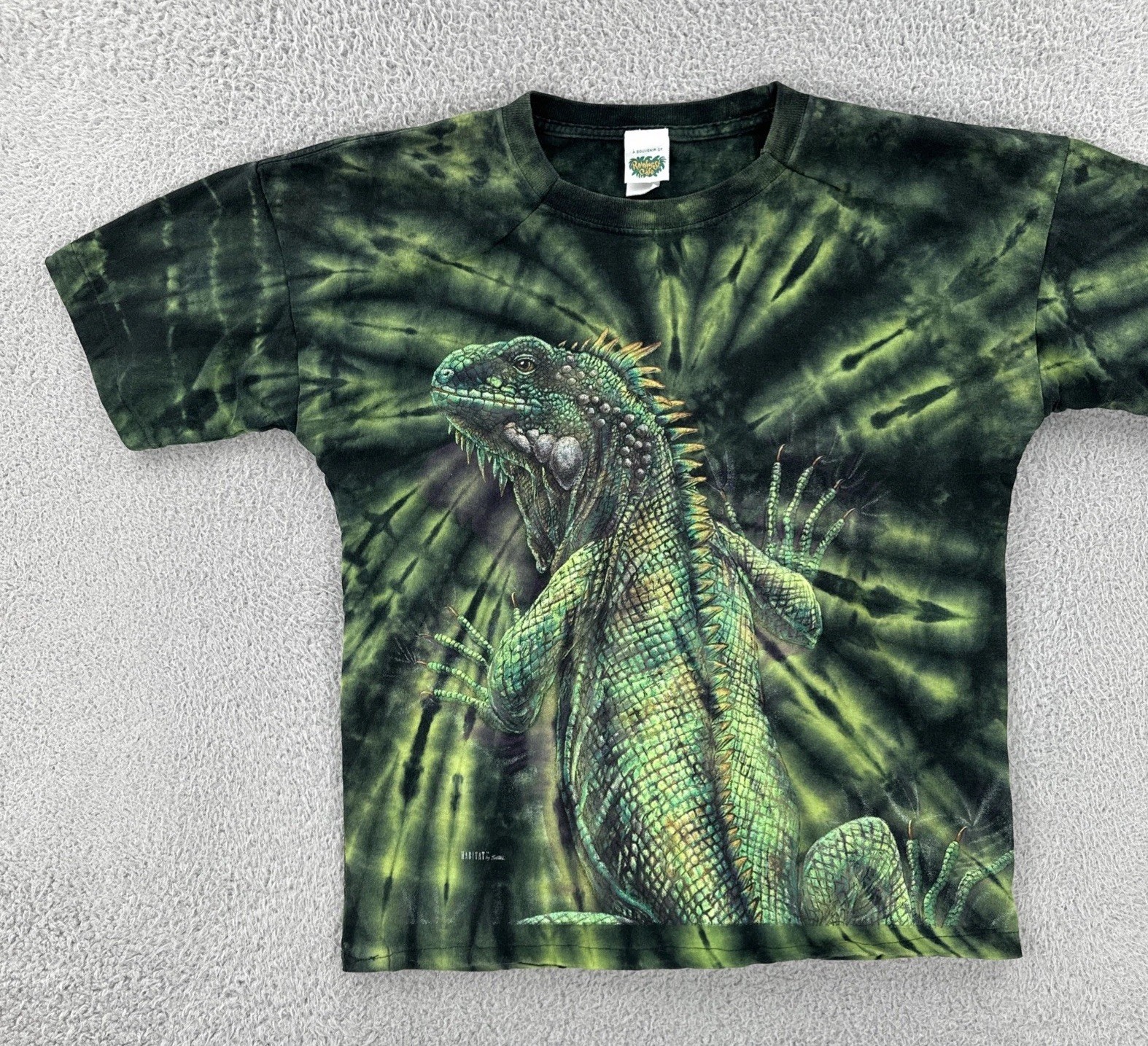 Vtg Rainforest Cafe Adult L Green Tie Dye Iguana Double Sided Graphic Print Tee gallery