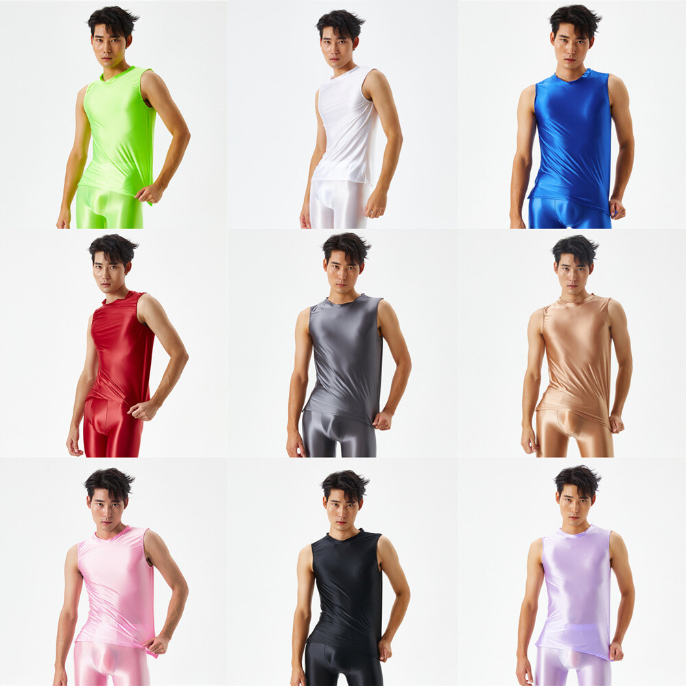 Men's Sexy Oil Shiny Glossy Sports Muscle T-shirt Slim Elastic Tank Tops Vest gallery
