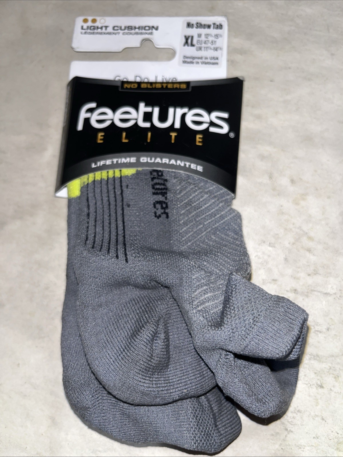 Size XL- Feetures Grey Yellow Light Elite No Show Sock 1 Pair With Defects
