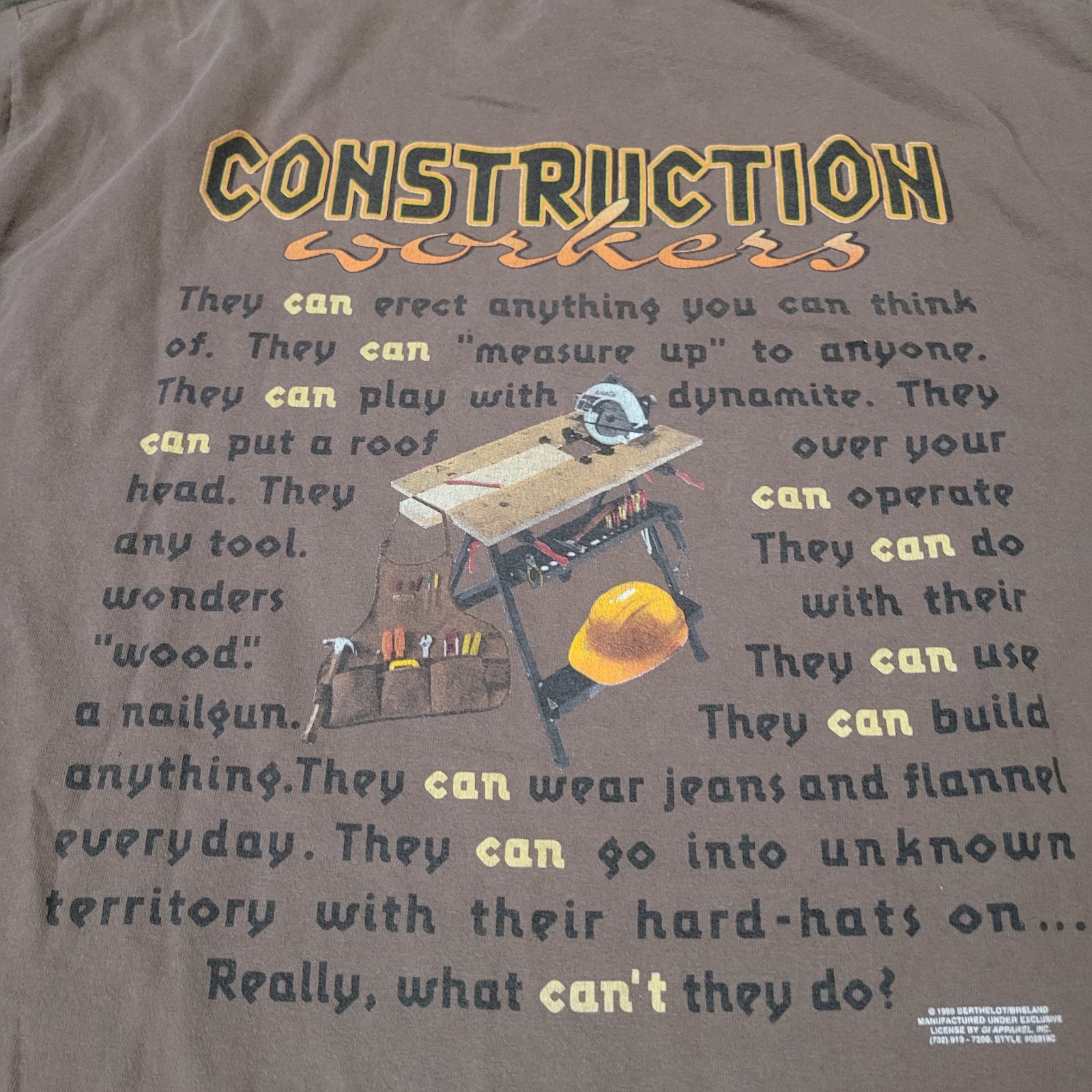 Vintage Construction Workers Brown T Shirt XL 1999 90s Husband Dad Shirt Gift gallery
