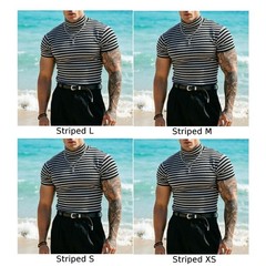 Men Stripe Turtleneck Short Sleeve Slim Pullover Tee 95% Polyester 5% Spandex