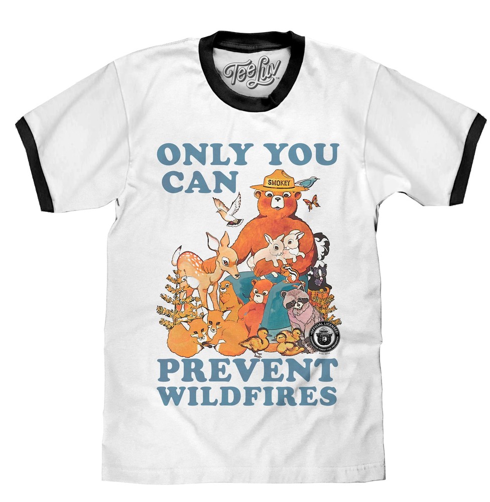 Smokey Bear Only You Can Prevent Wildfires Ringer Mens T Shirt White and Black
