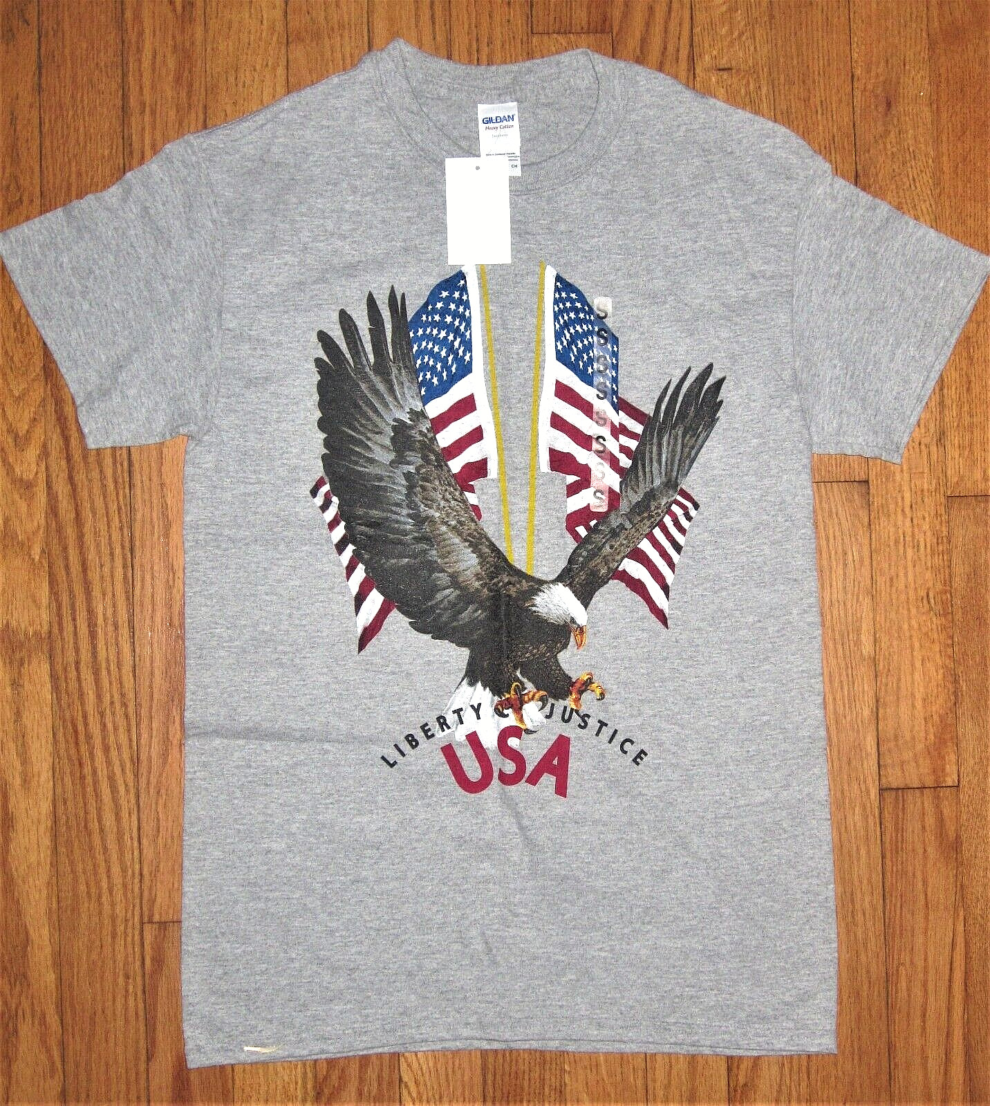 NWT Men’s Gildan “Liberty & Justice USA” Heavy Cotton Grey Tees Various Sizes
