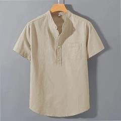 Men T Shirt Short Sleeve Solid Color Pocket Design Button Neck Streetwear Top