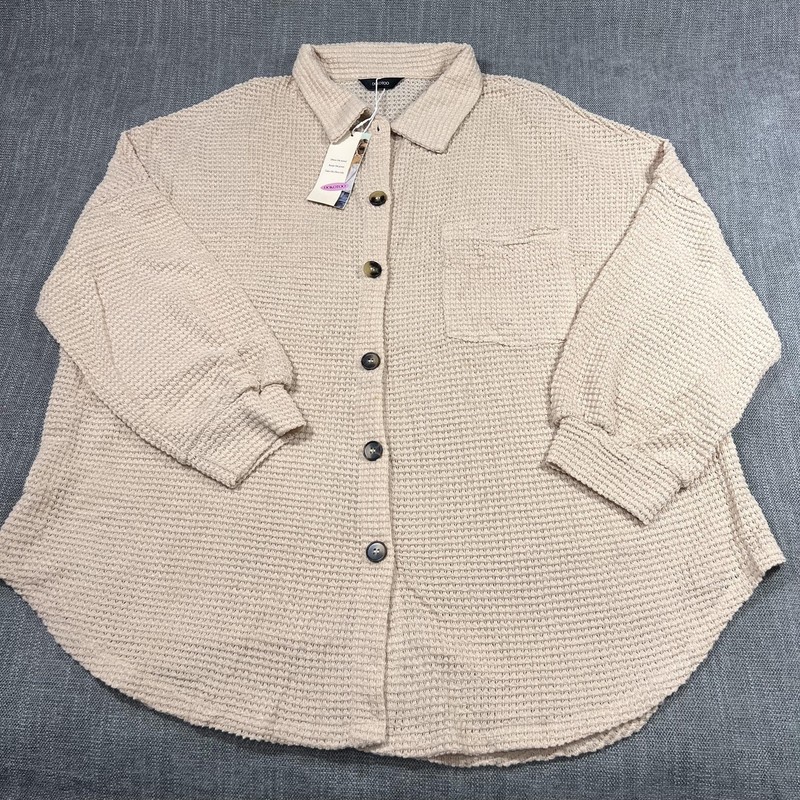 DOKOTOO Button Up Shirt W 2XL Beige Waffle Knit Balloon Sleeve Shacket Lagenlook