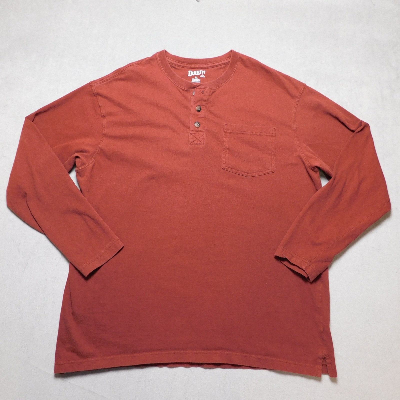 Duluth Trading Co Mens XL Relaxed Fit Longtail T Henley Long Sleeve Shirt Orange gallery