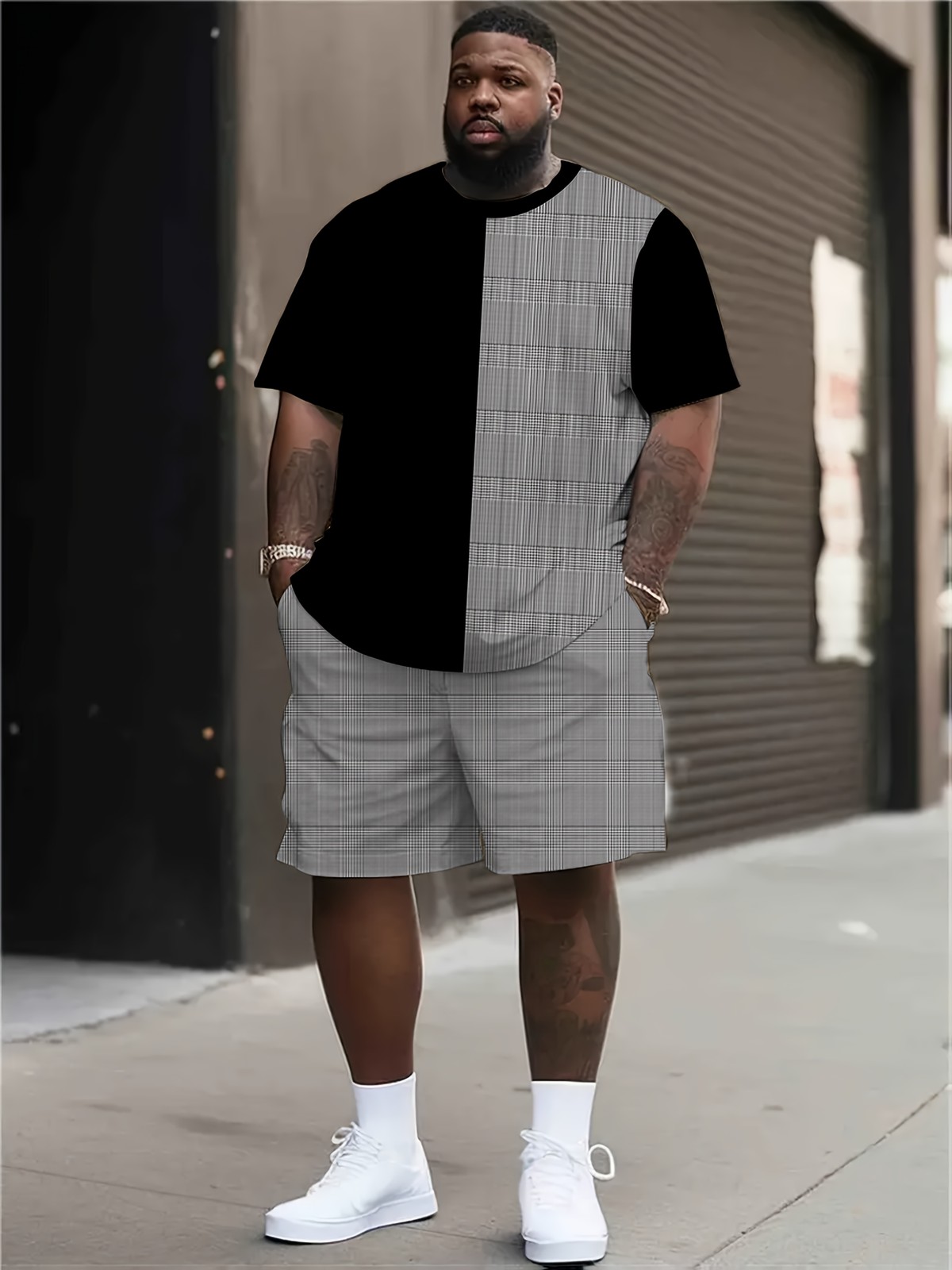 Men'S Plus Size Black And Gray Striped Contrast Print Fashion Round Neck T-Shirt gallery