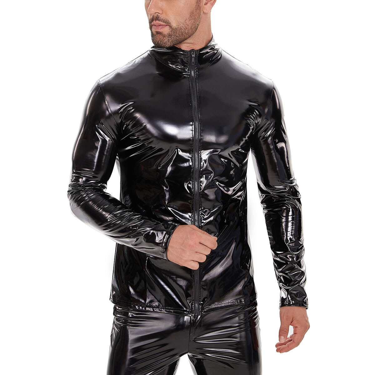 Sexy Men's Wet Look Patent Leather Motorcycle Jacket Front Zippered Biker Coat gallery