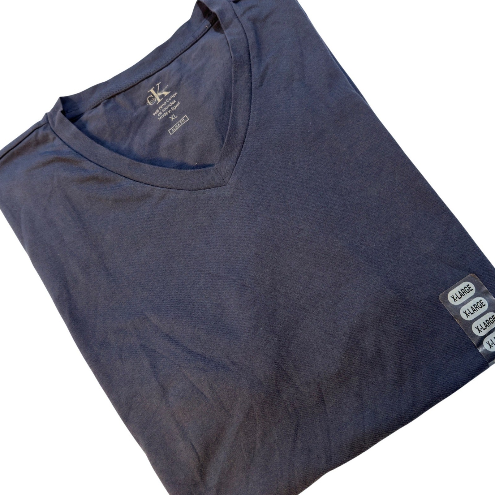 Calvin Klein V-Neck T-Shirt Navy Blue Pima Cotton Spandex Slim Fit XL gallery