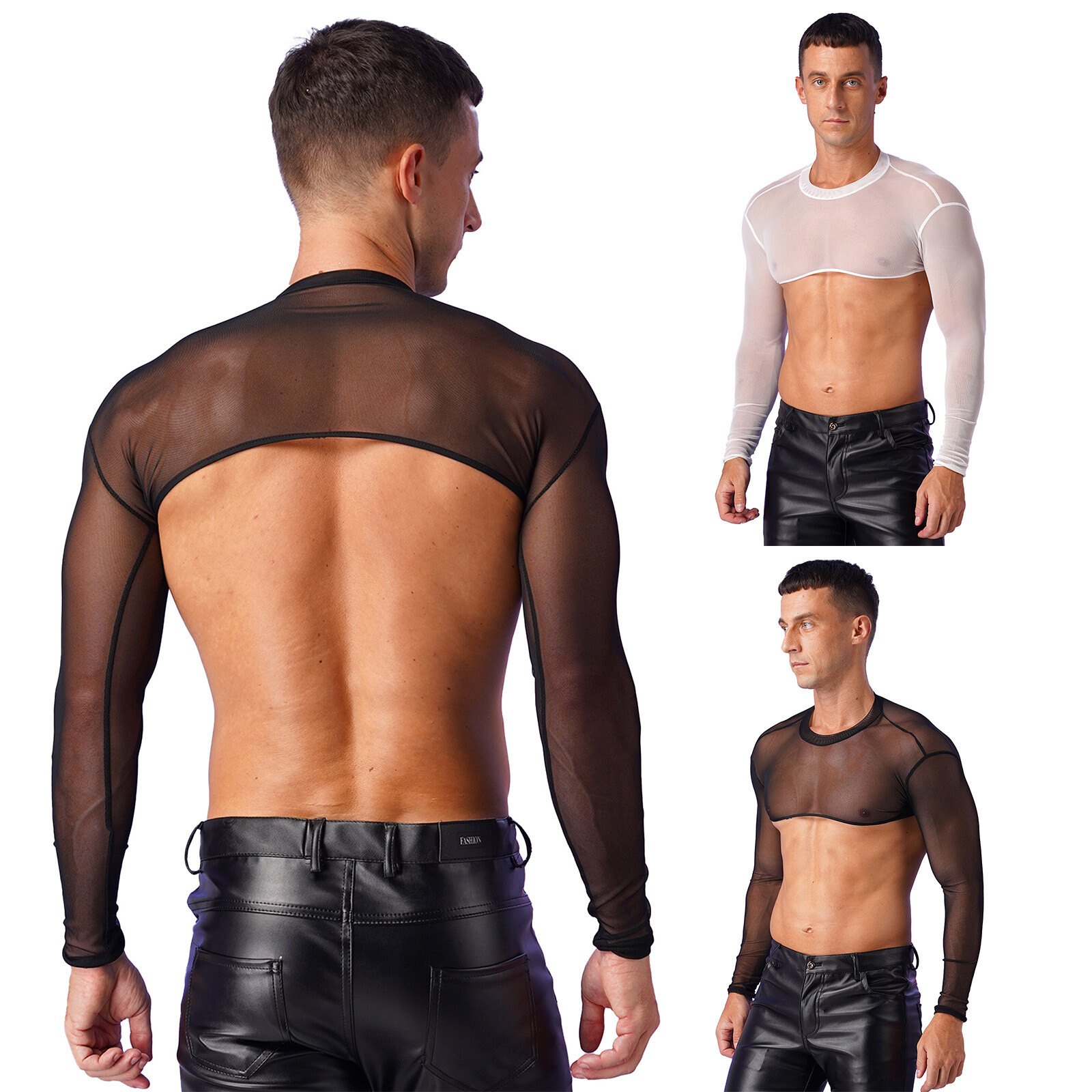 US Mens Sheer Mesh T-Shirt Stand Collar Long Sleeve Crop Tops Shrug Top Clubwear gallery