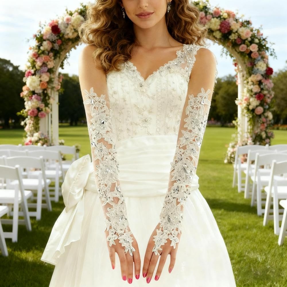 White Lace Rhinestone Fingerless Bridal Glove,Lace Gloves Long,Prom For Weddi... gallery