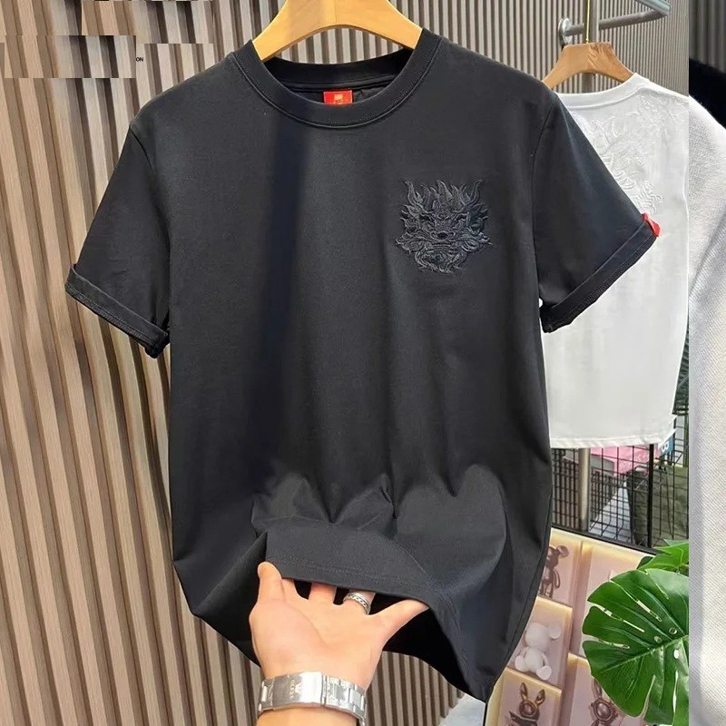 Men's Dragon Embroidery T-Shirt Casual Short Sleeve Cotton Hip Hop Tee Top gallery