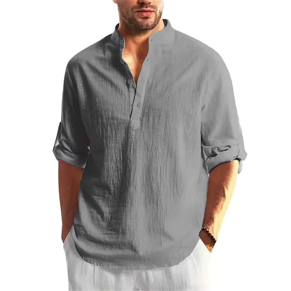 Men’s Cotton Linen Henley Long Sleeve T-Shirt Breathable Casual Autumn Top Tee gallery