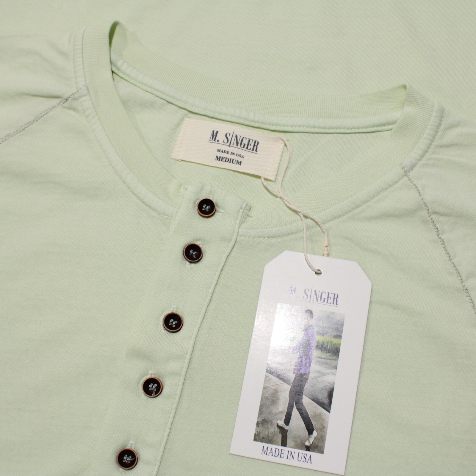 M. Singer NWT Short Sleeve Henley T-Shirt Size Medium in Apple Green 100% Cotton gallery