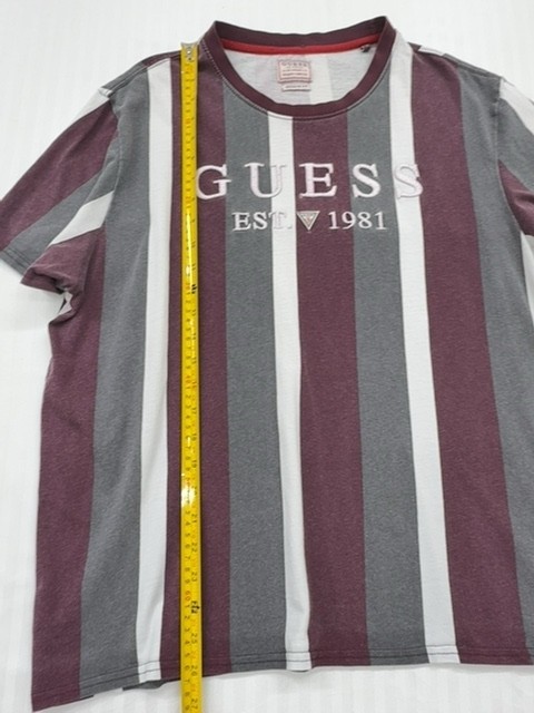 Guess Boys T Shirt XL Burgundy Gray White Striped Logo Graphic gallery