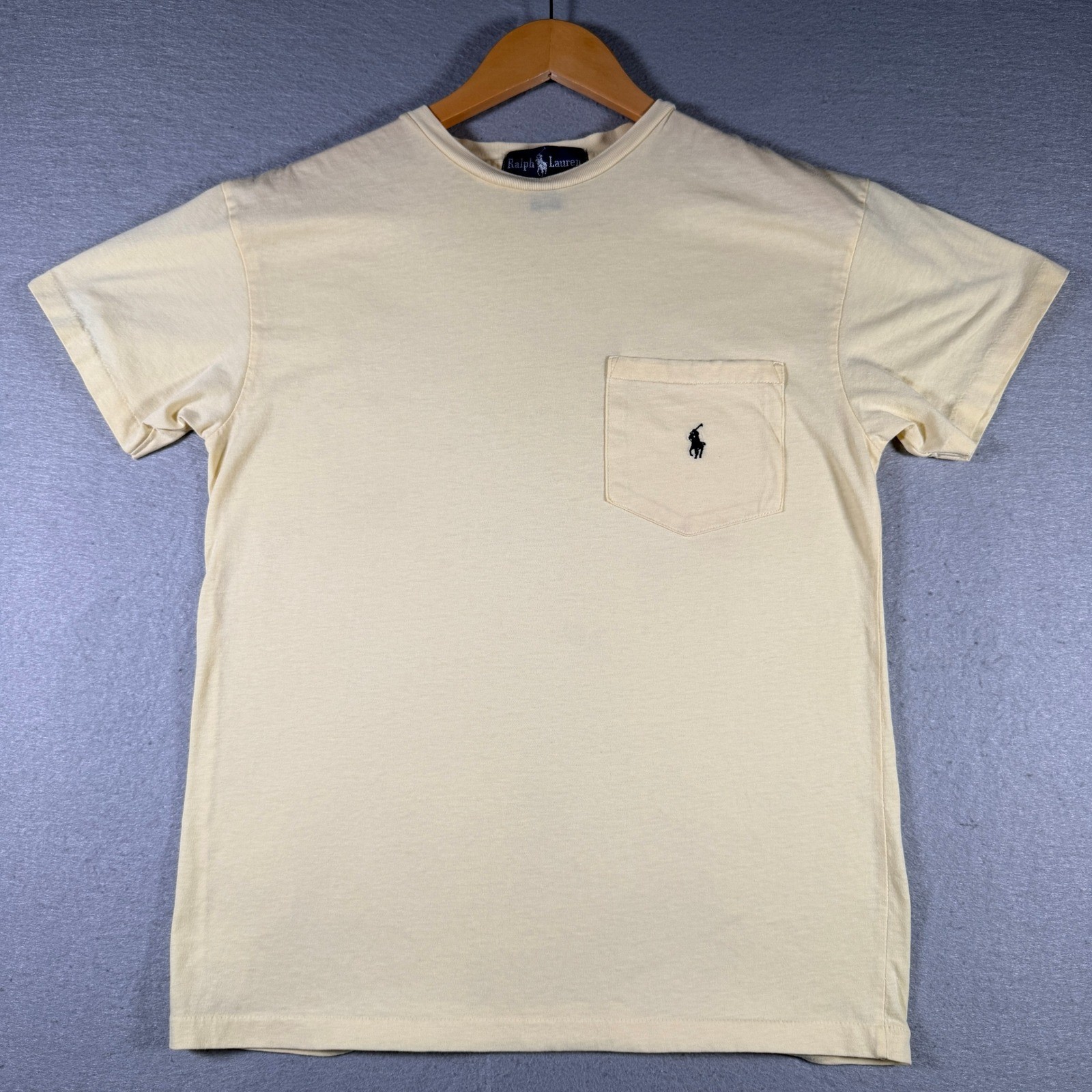 Vintage Ralph Lauren Mens Pale Yellow Cotton Pocket T-Shirt S Short Sleeve Pony