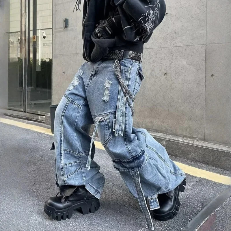 new 2025 Cyber Y2K Streetwear Washed Blue Baggy Ripped Cargo Jeans Pants For gallery