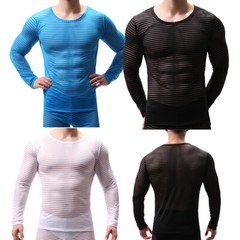 Men See Through Tank Top Striped Sheer Vest Clubwear Muscle T-Shirt Undershirts