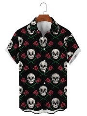 Mens Button Down Gothic Skull Floral Hawaiian Top Novelty Rose Tattoo Gift Shirt