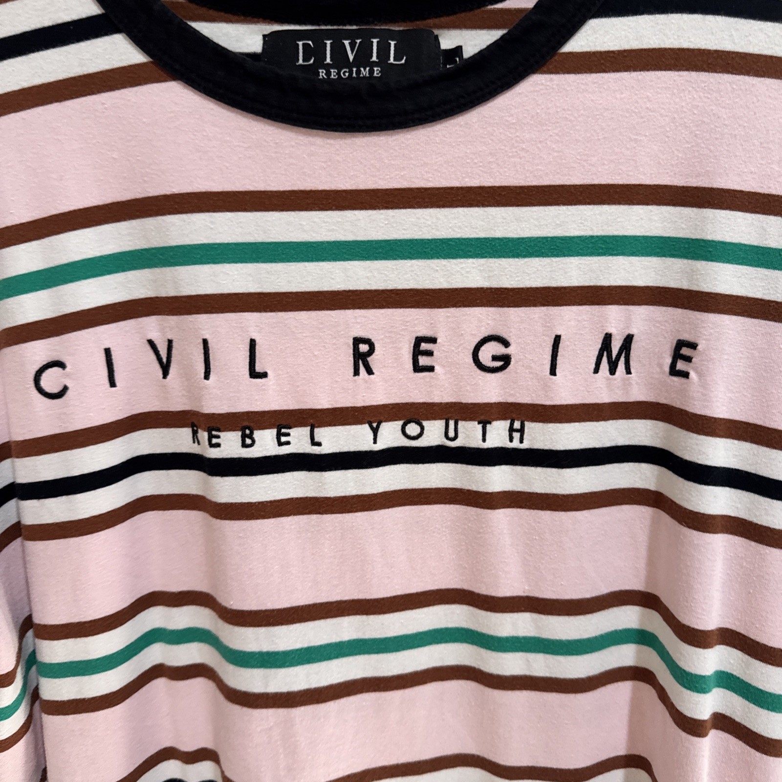Civil Regime Striped T-Shirt Pink Men’s Sz LG Trendy Crew Neck Streetwear EUC gallery