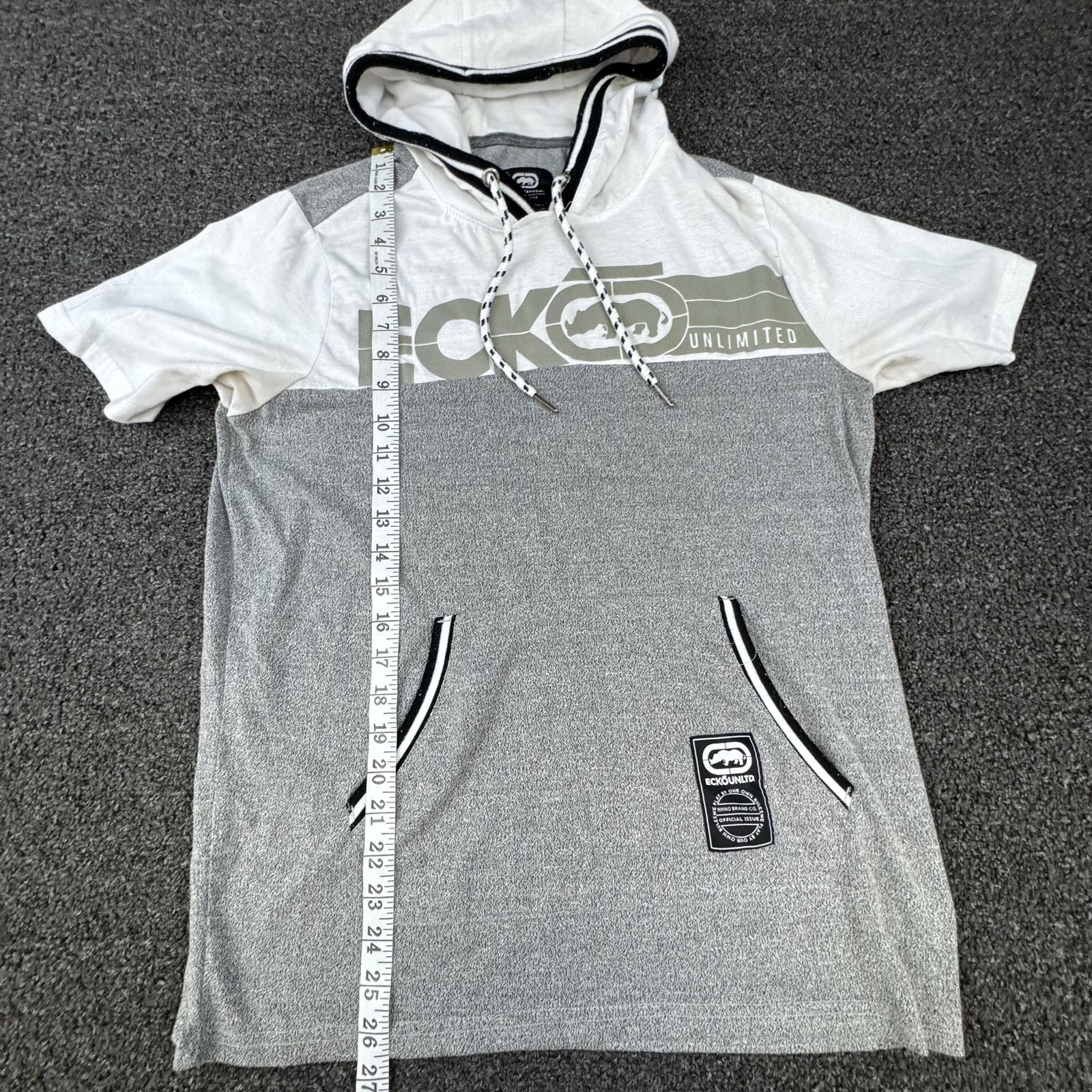 Ecko Unltd Shirt Mens Small Gray White Hooded Short Sleeve Kangaroo Pocket Logo gallery