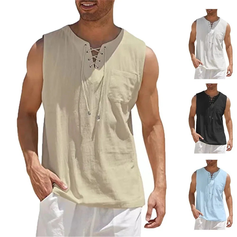 Men's Cotton Linen Sleeveless Lace Up Shirt Casual Retro V Neck Loose Tank Top V gallery