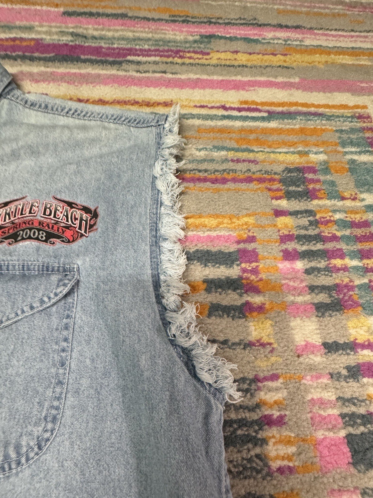 2008 Myrtle Beach Spring Rally Sleeveless Denim Shirt Frayed Arm Holes XL Stains gallery