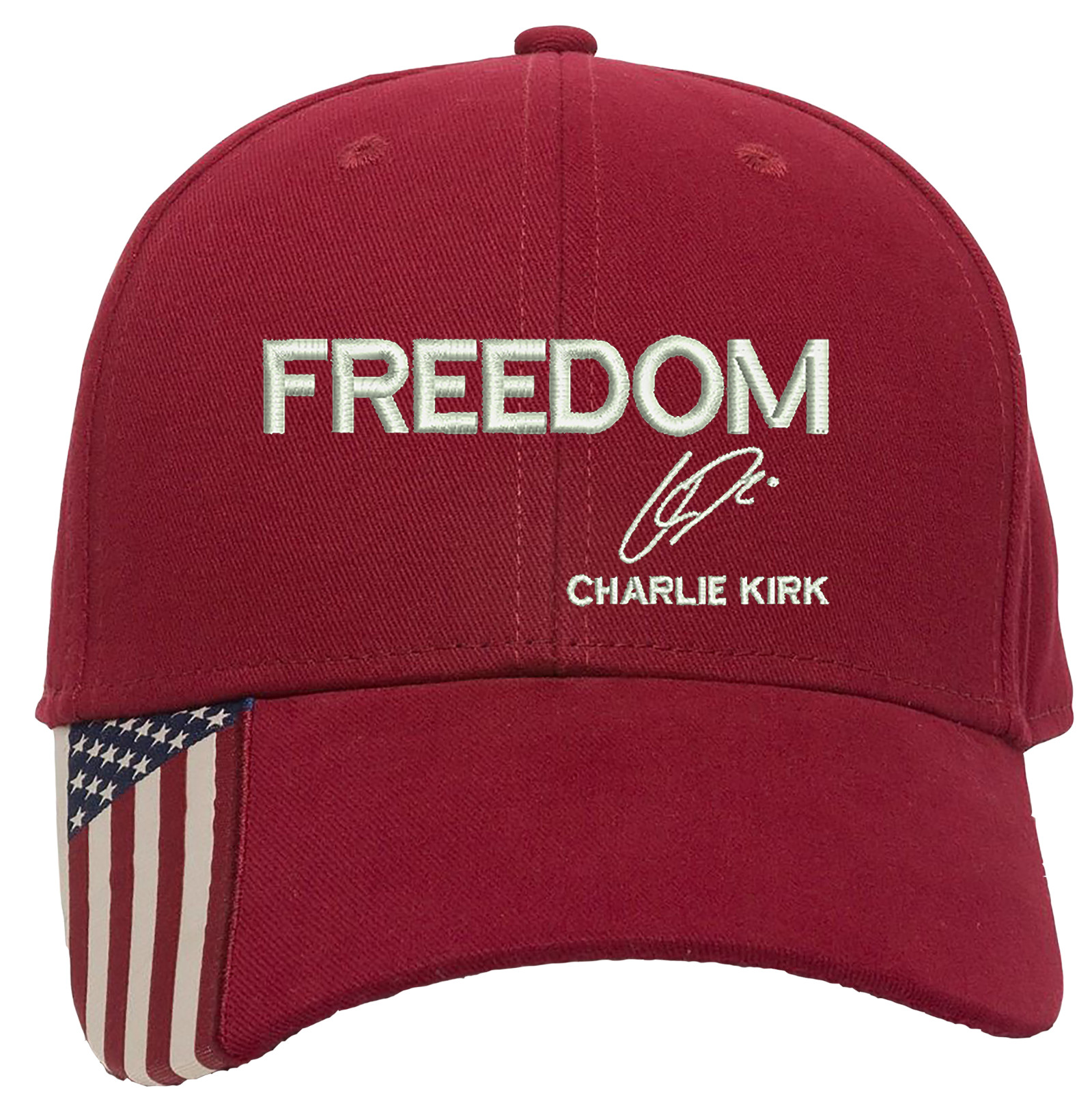 Freedom Charlie Kirk Signature Embroidered OFM Hat with US Flag on bill gallery