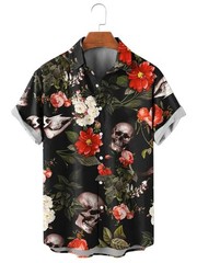 Mens Button Down Gothic Skull Floral Hawaiian Top Novelty Rose Tattoo Gift Shirt