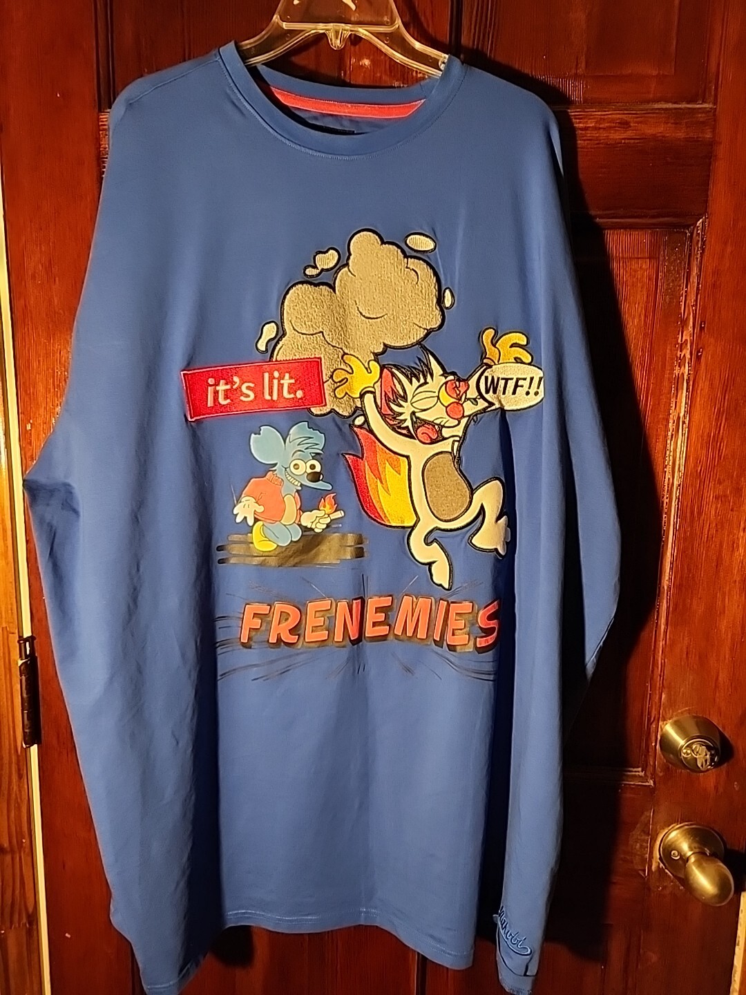 MAKOBI shirt Street Wear Frenemies Embroidered Patch Textured Blue WTF Cat 4XB