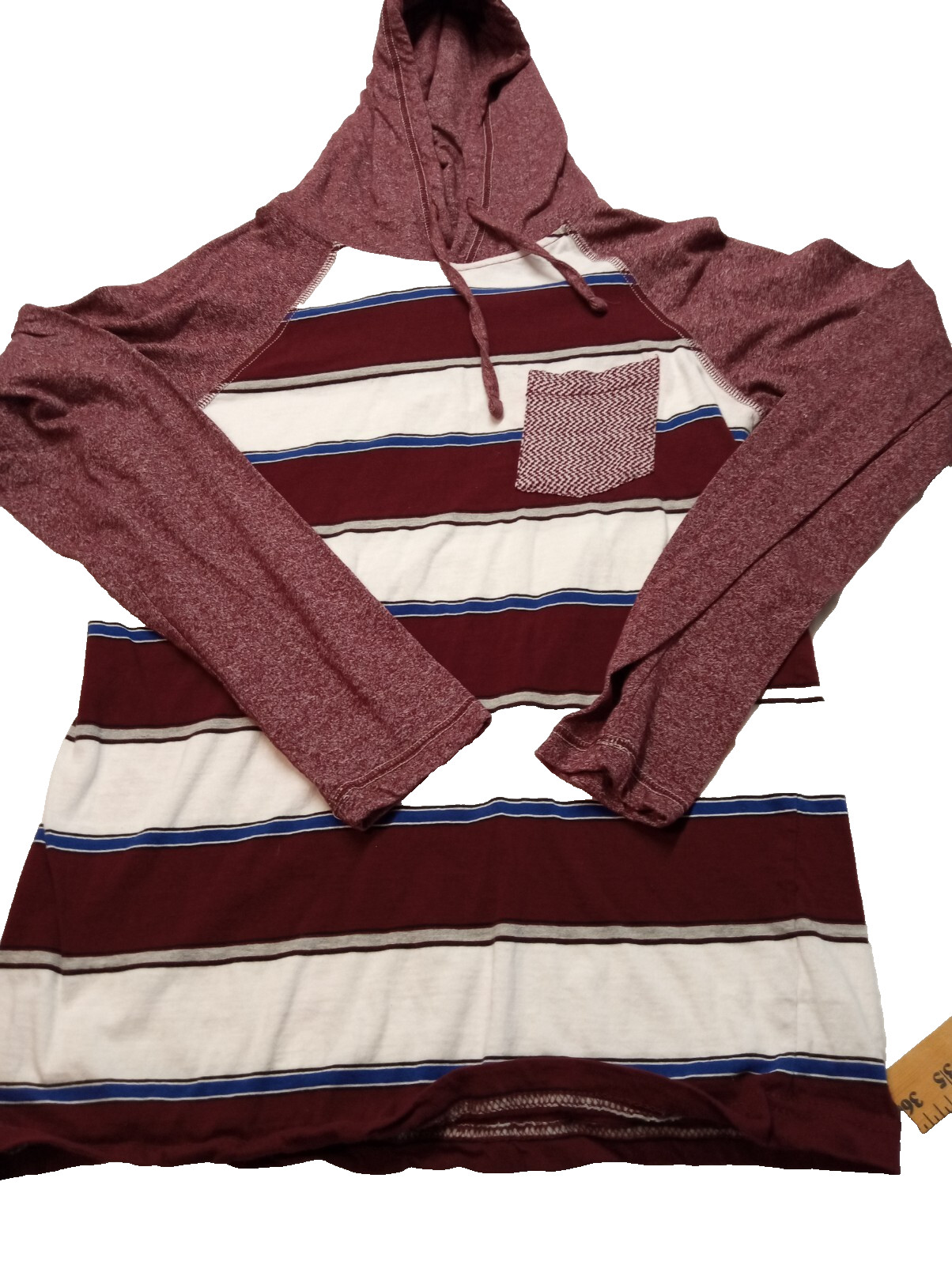 Men's RUSTIC BLUE Long Sleeve Hooded Maroon & White Shirt Size Medium gallery