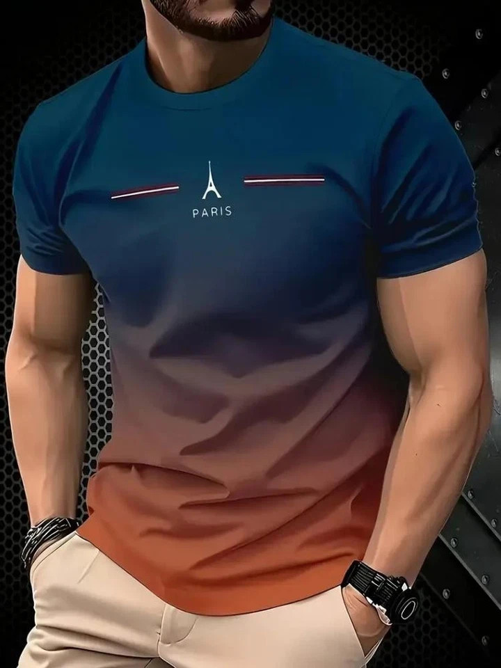 Men's Vintage Gradient Print Casual Tee Shirt Breathable Polyester O-Neck gallery