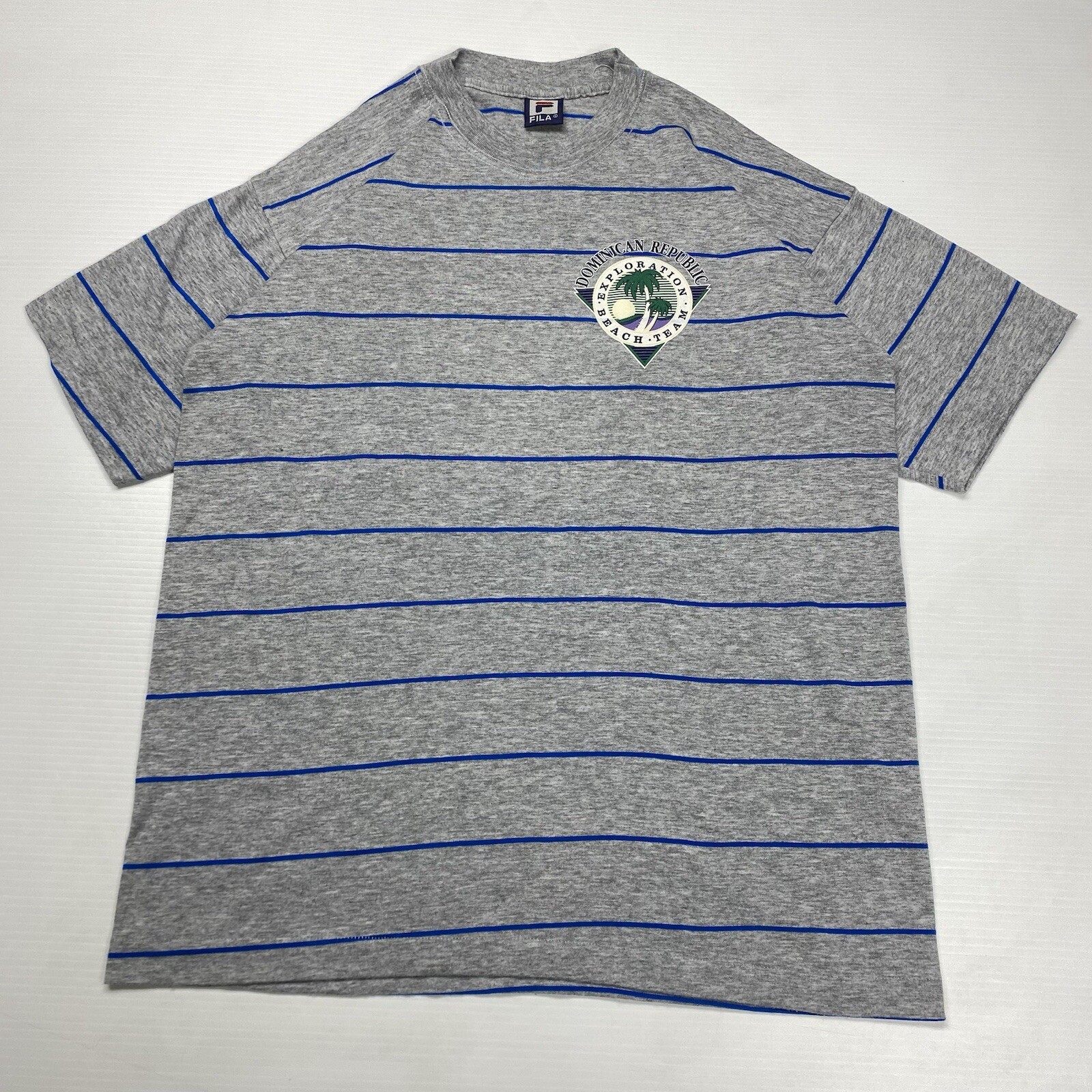 Vtg FILA Dominican Republic Beach Exploration Team Mens T-Shirt L Gray Striped gallery