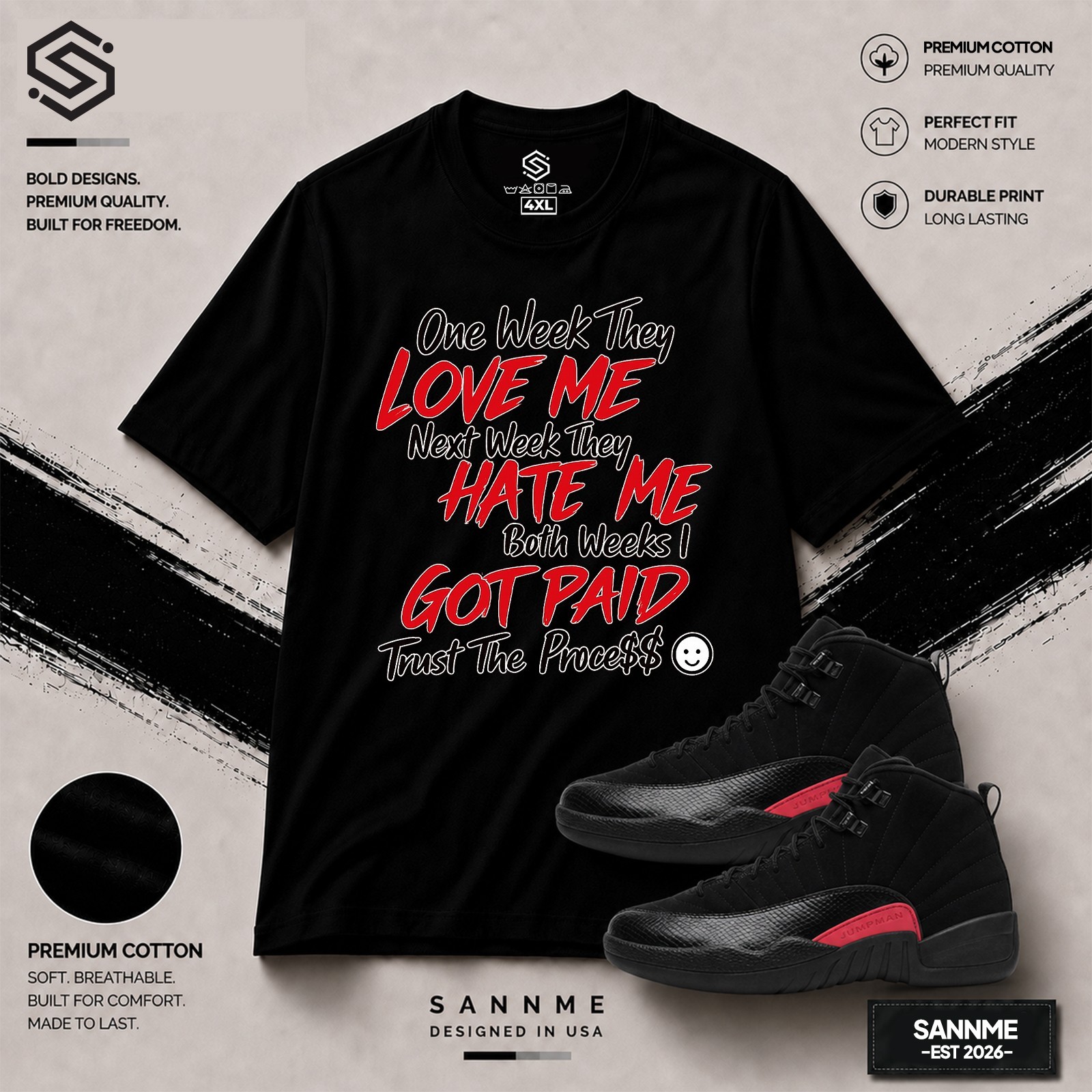 Jordan 12 Bloodline Sneaker Tees Match With Trust The Process Shirt