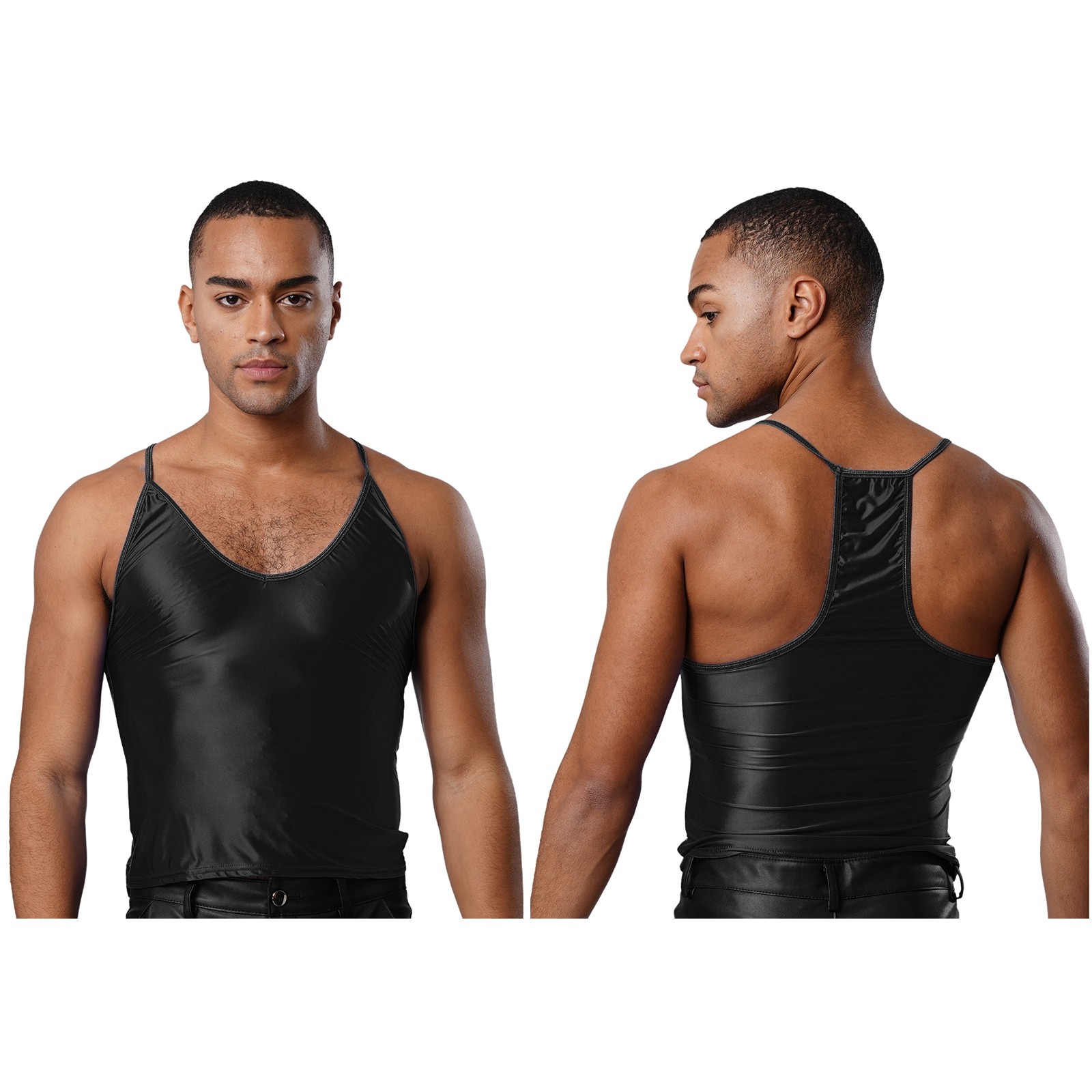 Men Glossy Stretchy Camisole Crop Tops Vest for Bodybuilding Gym Sports T-Shirts