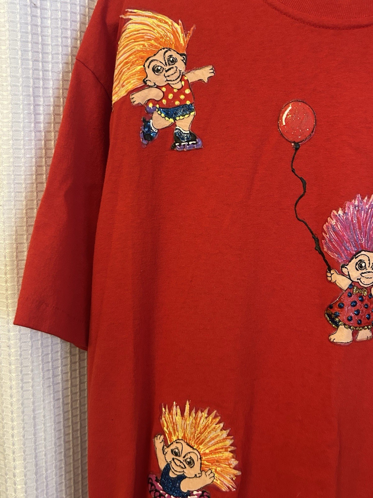 VTG 90s Hand painted Treasure Trolls Red T-shirt Size Large gallery