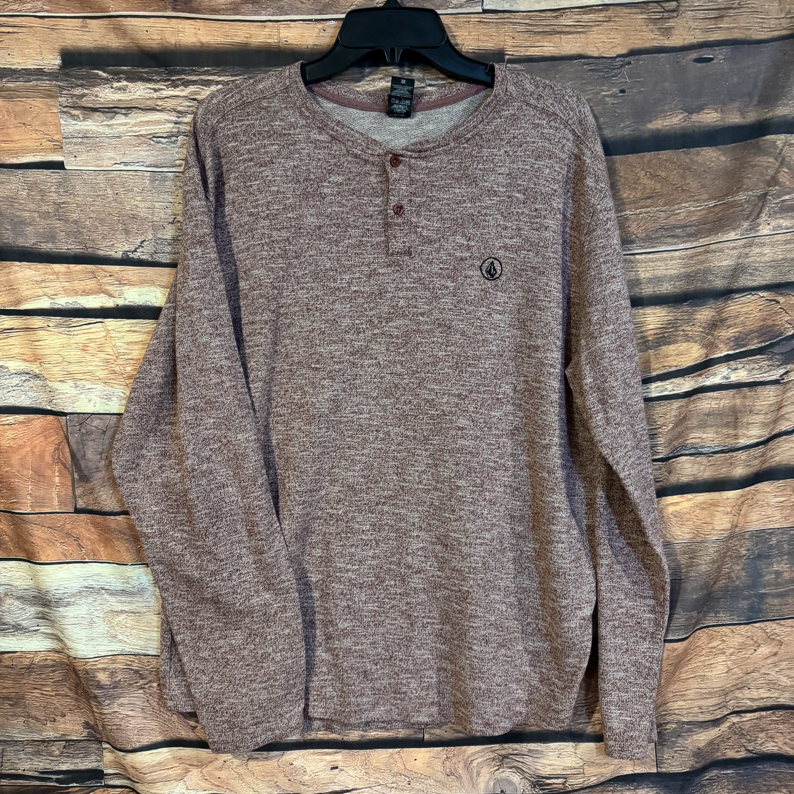 Volcom Men’s XL Long Sleeve Henley Shirt Cotton Blend Reddish Brown Heather