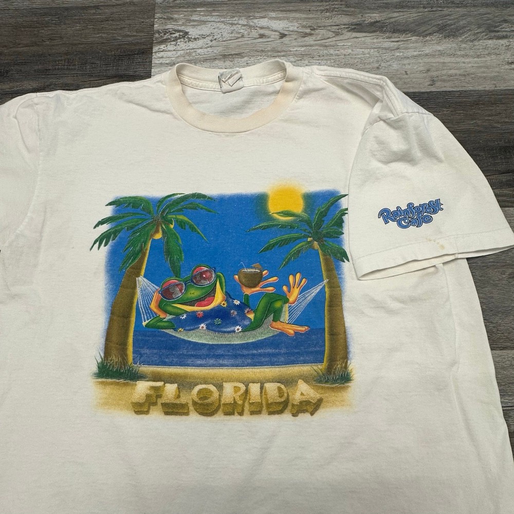 Vintage 90s Y2K Rainforest Cafe Frog Hammock Florida Mens XL Souvenir T-Shirt