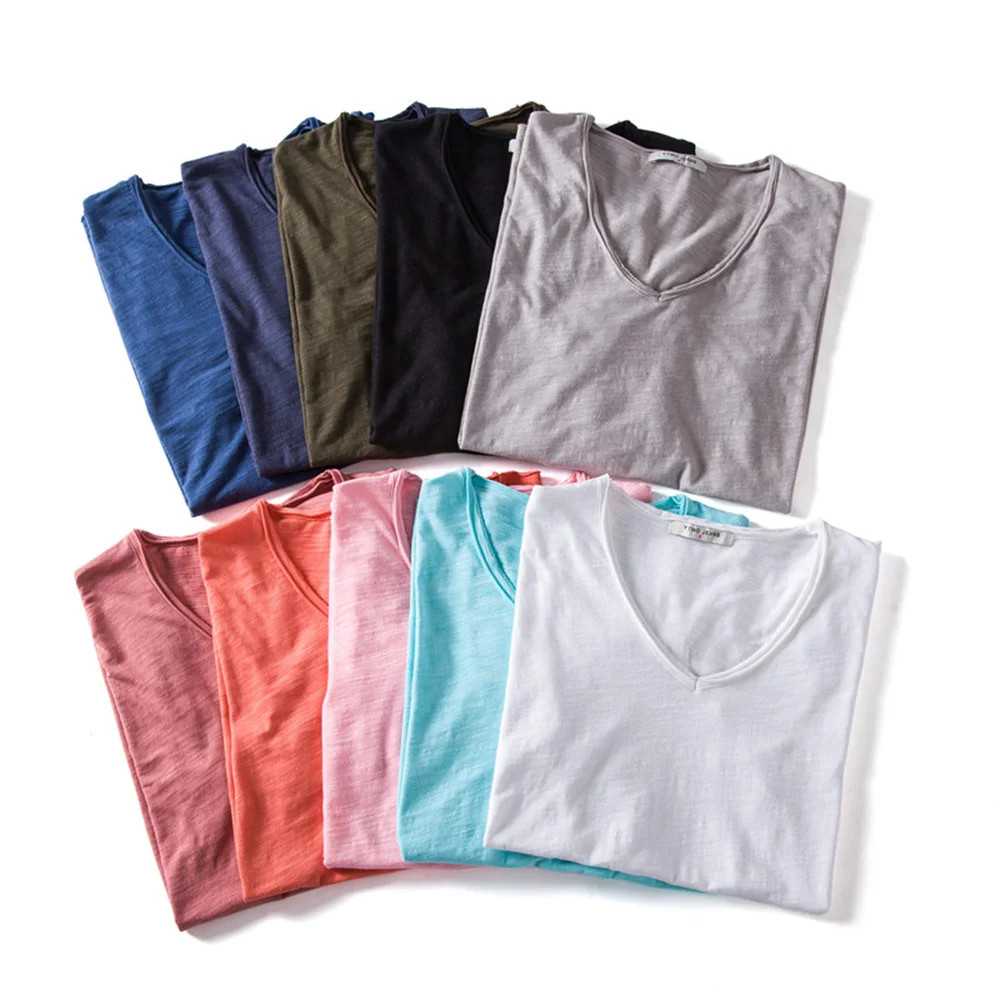100% Cotton Men T-shirt V-neck Lightweight Summmer Slim Fit T-shirts Male Tops gallery