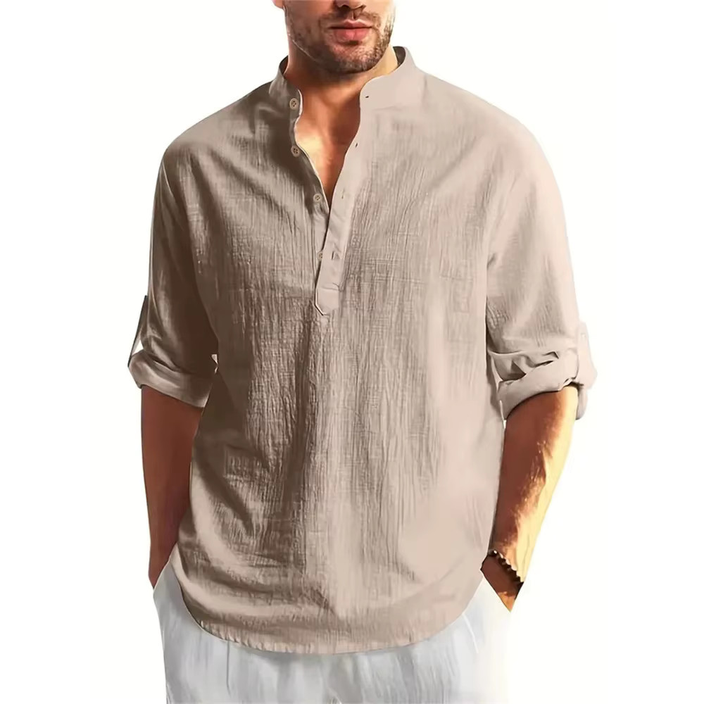 Men’s Cotton Linen Henley Long Sleeve T-Shirt Breathable Casual Autumn Top Tee gallery