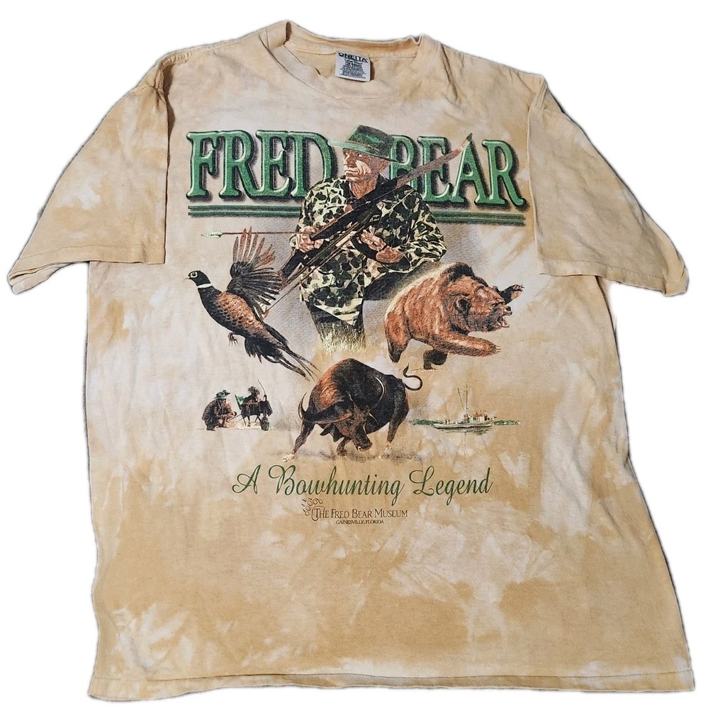 🔥 VINTAGE FRED BEAR A BOW HUNTING LEGEND SHIRT MUSEUM FLORIDA MENS LARGE 28×23