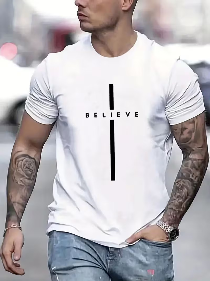 Mens TShirt size- Large Crew Neck Faith Based Believe Cotton ShortSleeves Shirt gallery