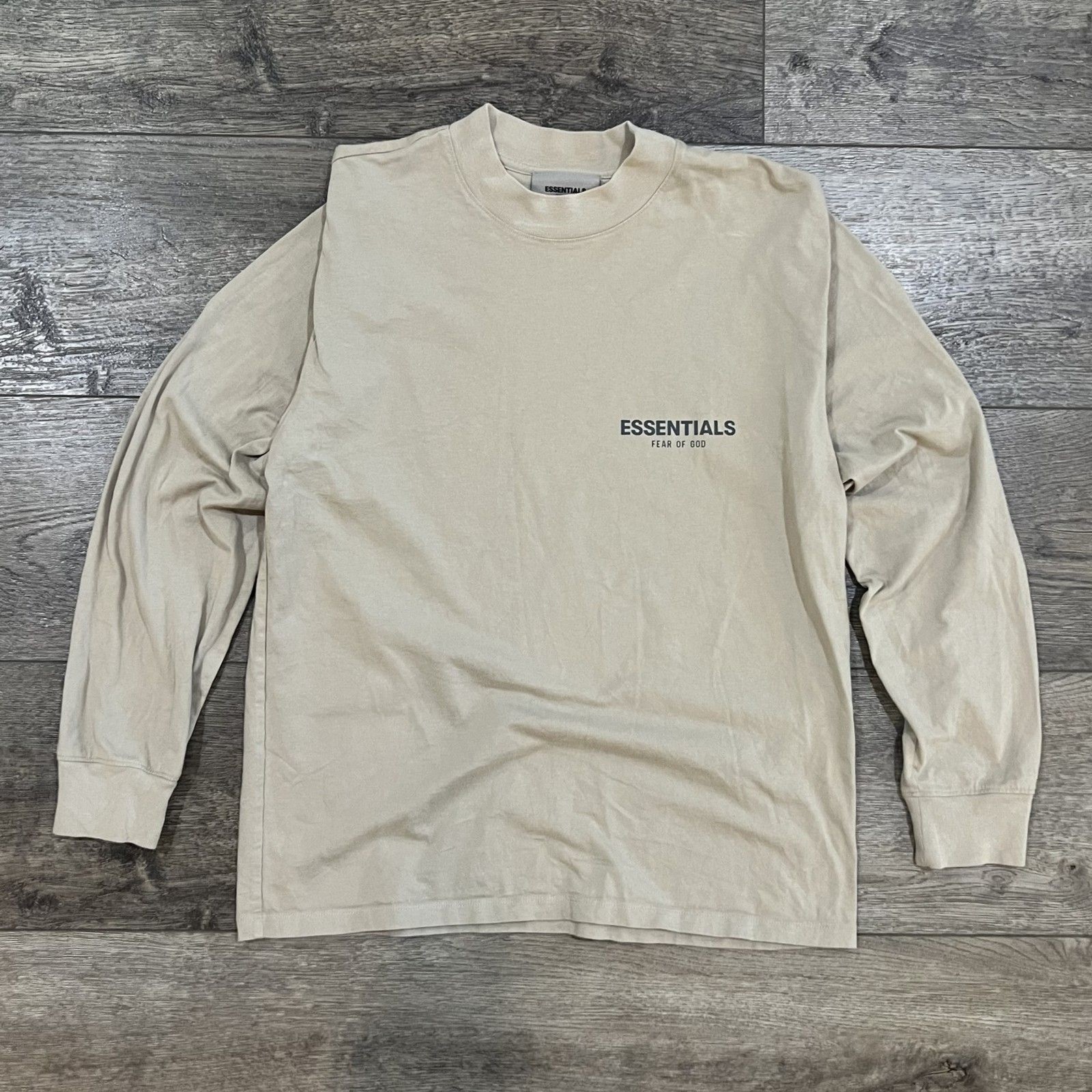 Fear of God Essentials Tan Beige Long Sleeve Tee Neutral Chest Logo Men’s Small