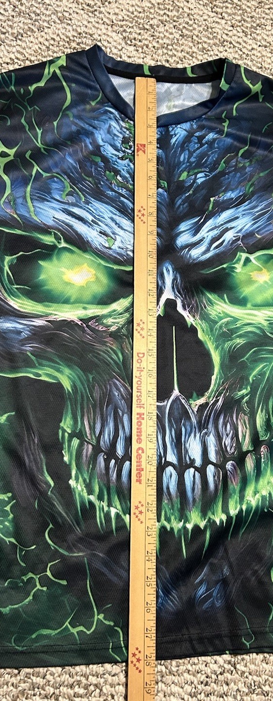 Green Flaming Skull All Over Print T-shirt XL Polyester Spandex gallery
