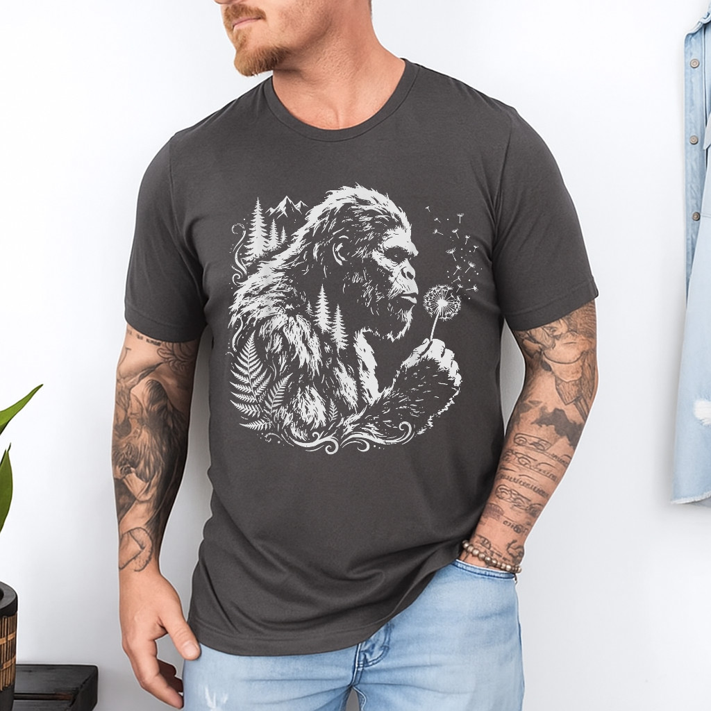 Funny Bigfoot Blowing Wishes Dandelion Nature Vintage Art T-Shirt gallery