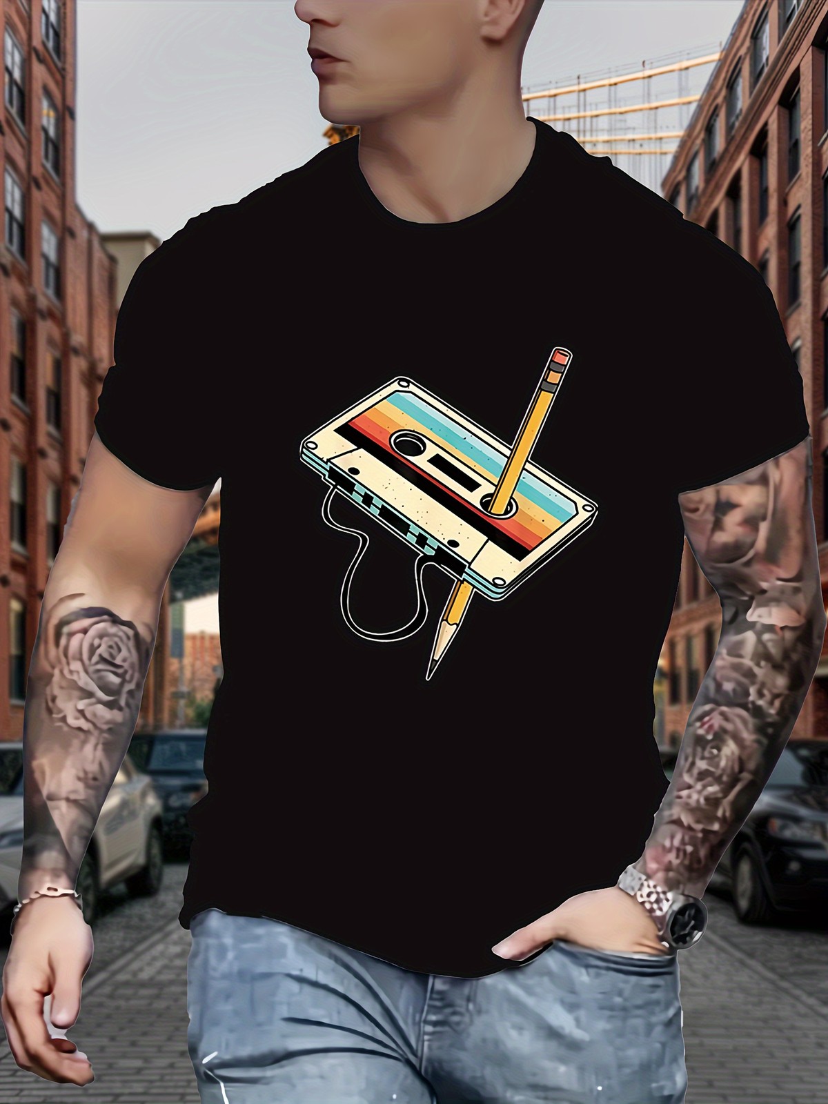 Men’s Retro Cassette Print T-Shirt – Casual Crew Neck, Polyester-Elastane Blend
