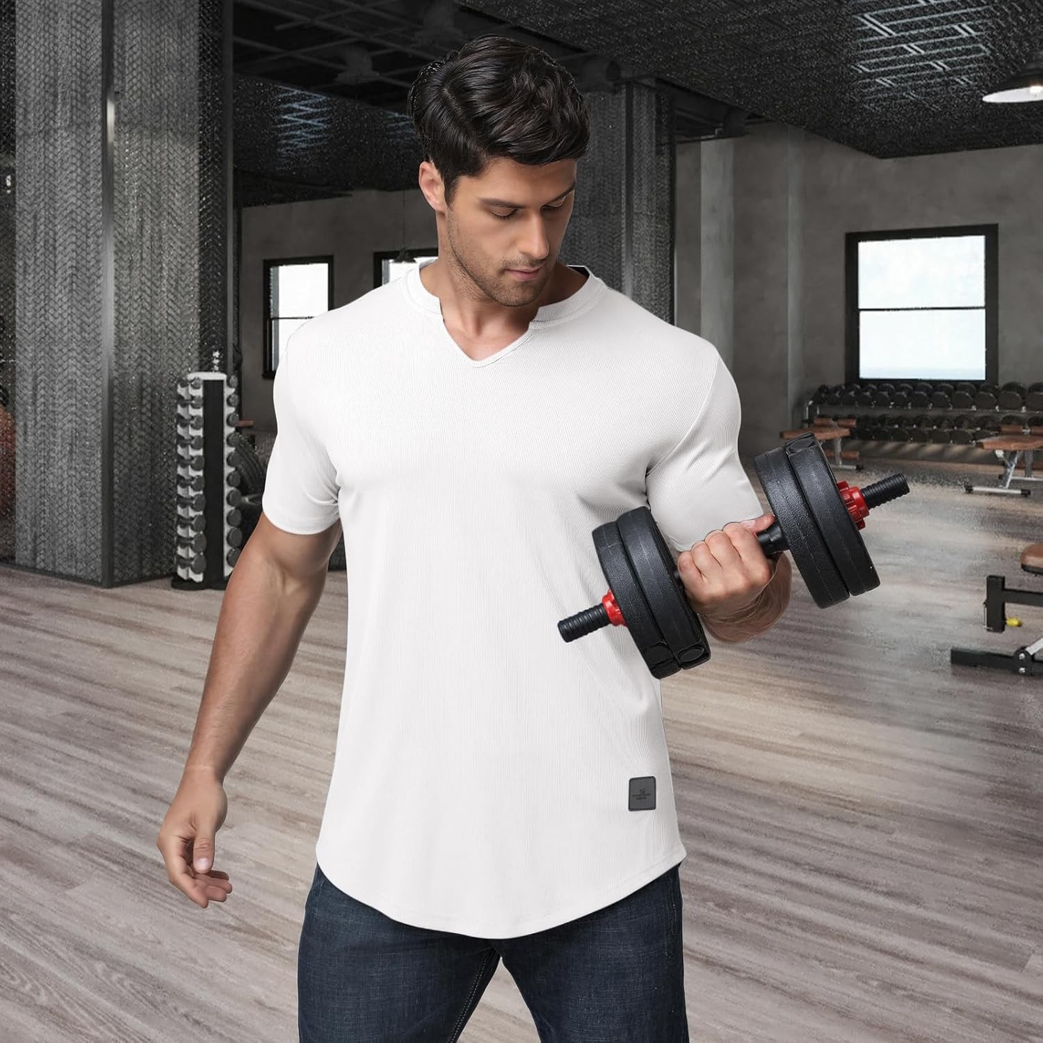 Muscle Fit V Neck T Shirt Men Casual Ribbed Short Sleeve Longline Henley S gallery